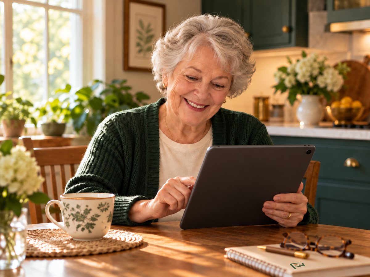 Older woman happily reading her email on a tablet at the kitchen table
