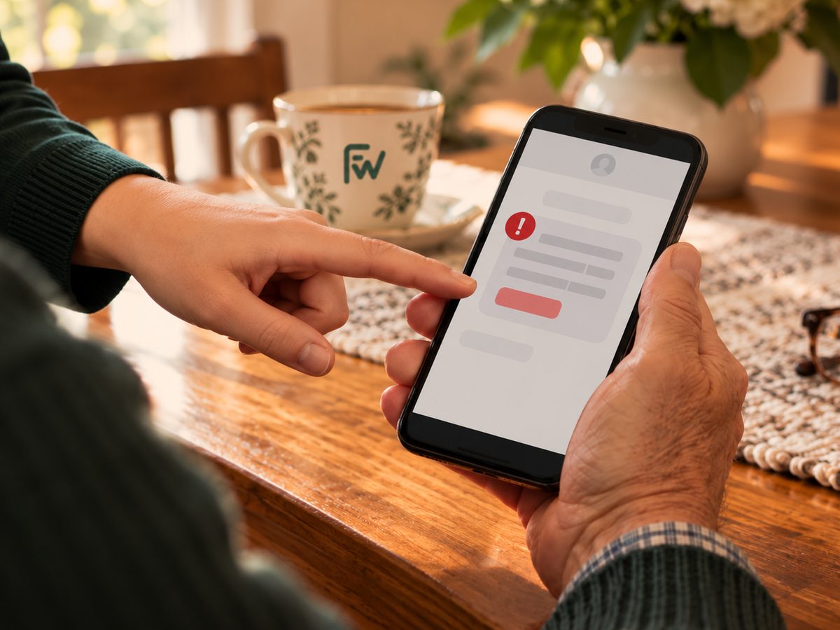 Helper pointing out a warning on a suspicious text message