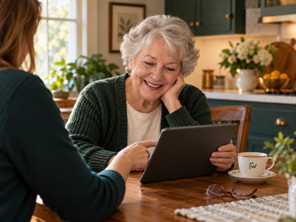 Senior woman smiling while learning her tablet at the kitchen table