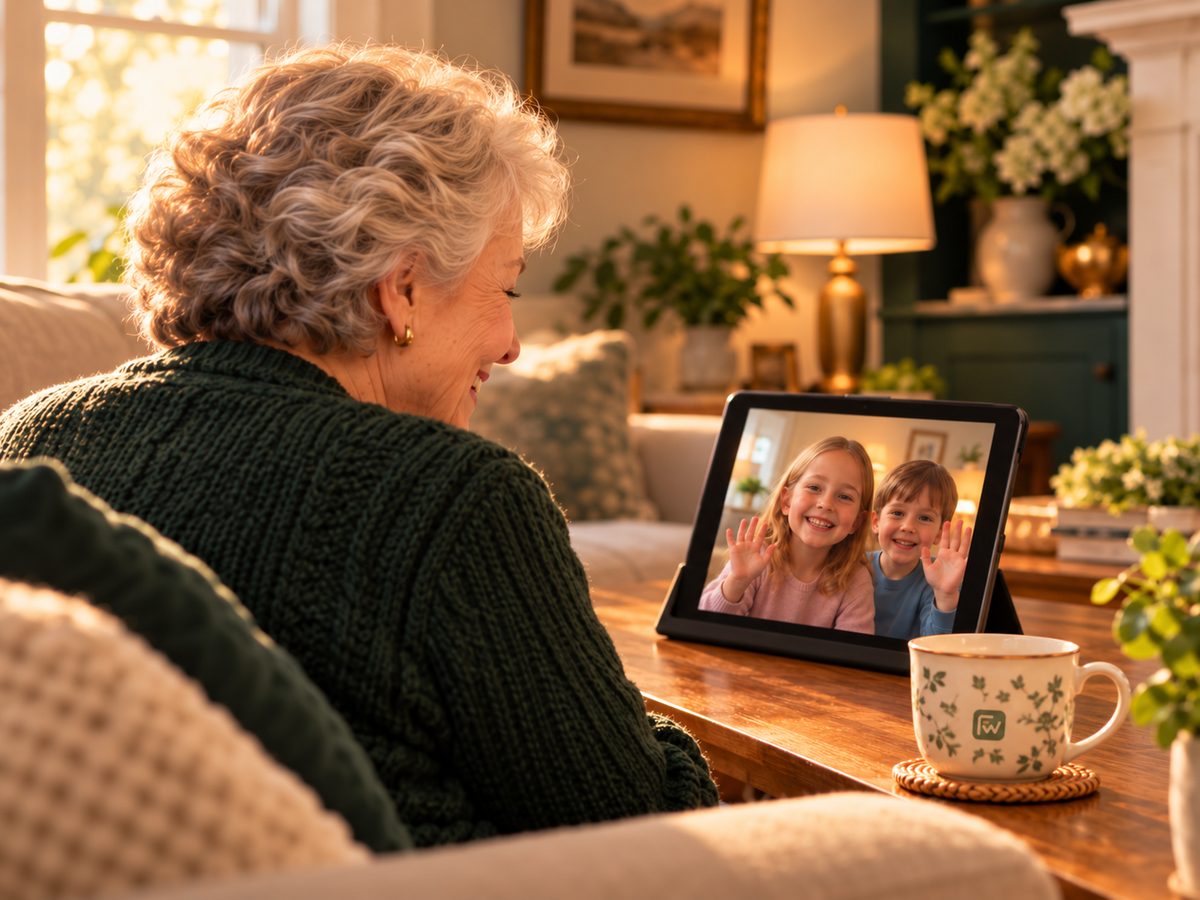 Grandmother smiling as her grandkids wave on a tablet video call
