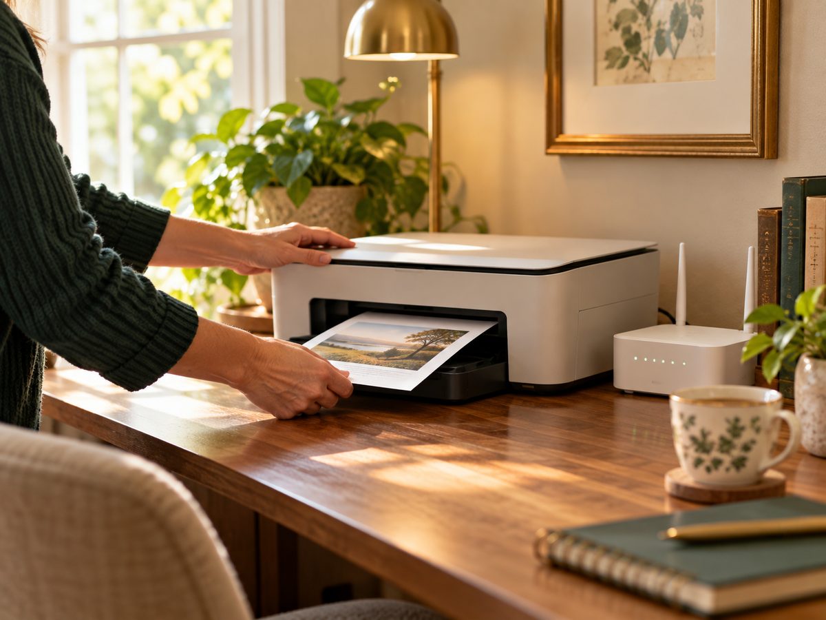 A home printer printing a photo next to the Wi-Fi router